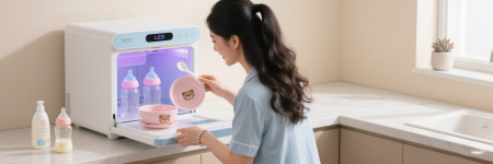 Mother and baby tableware cleaning scene